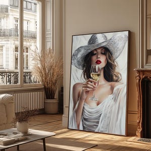 Elegant Woman with Wine Canvas Art, Woman in White Hat Poster, Modern Realistic Wall Decor for Living Room or Dining Area, Woman Canvas Art