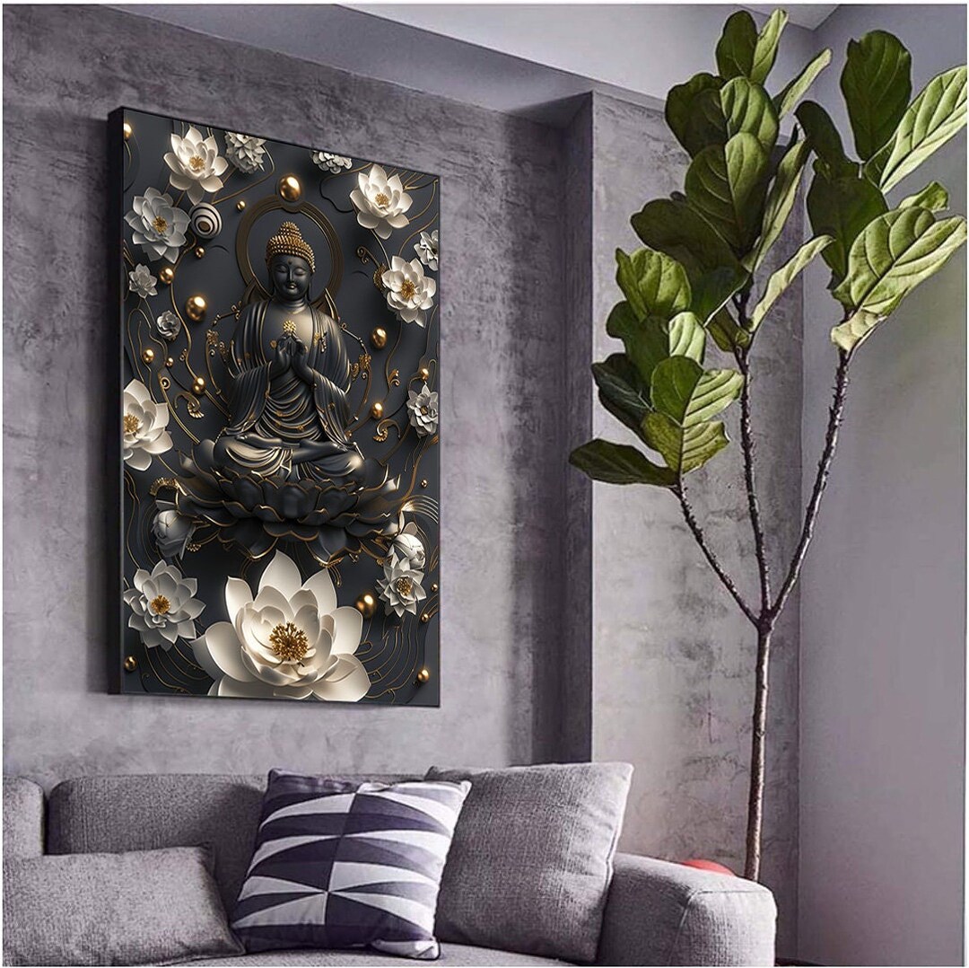 Buddha With Flowers Canvas Painting, Yoga Artwork, Meditation Art Print ...