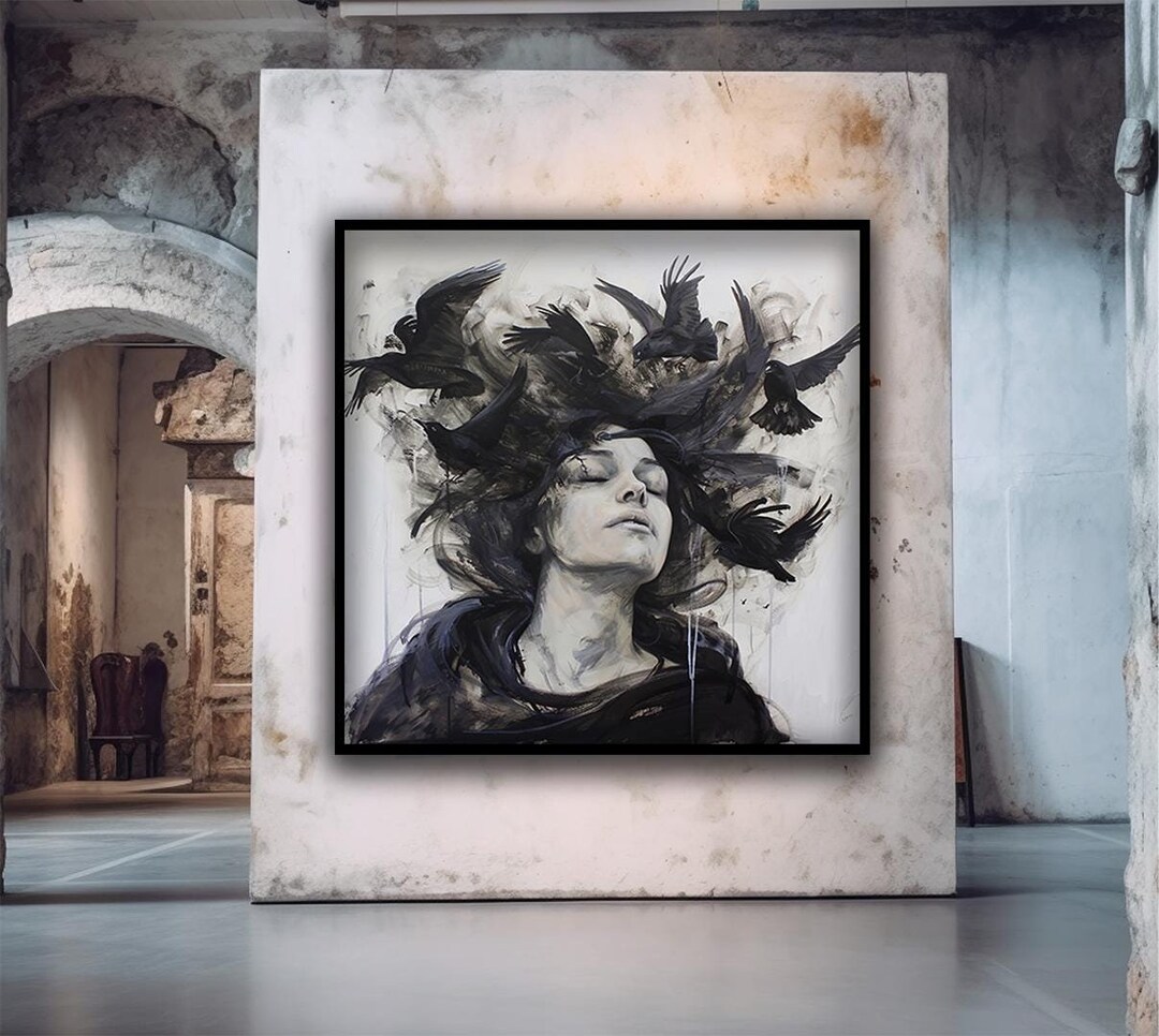 Abstract Woman With Crows Canvas Print, Surreal Black and White ...