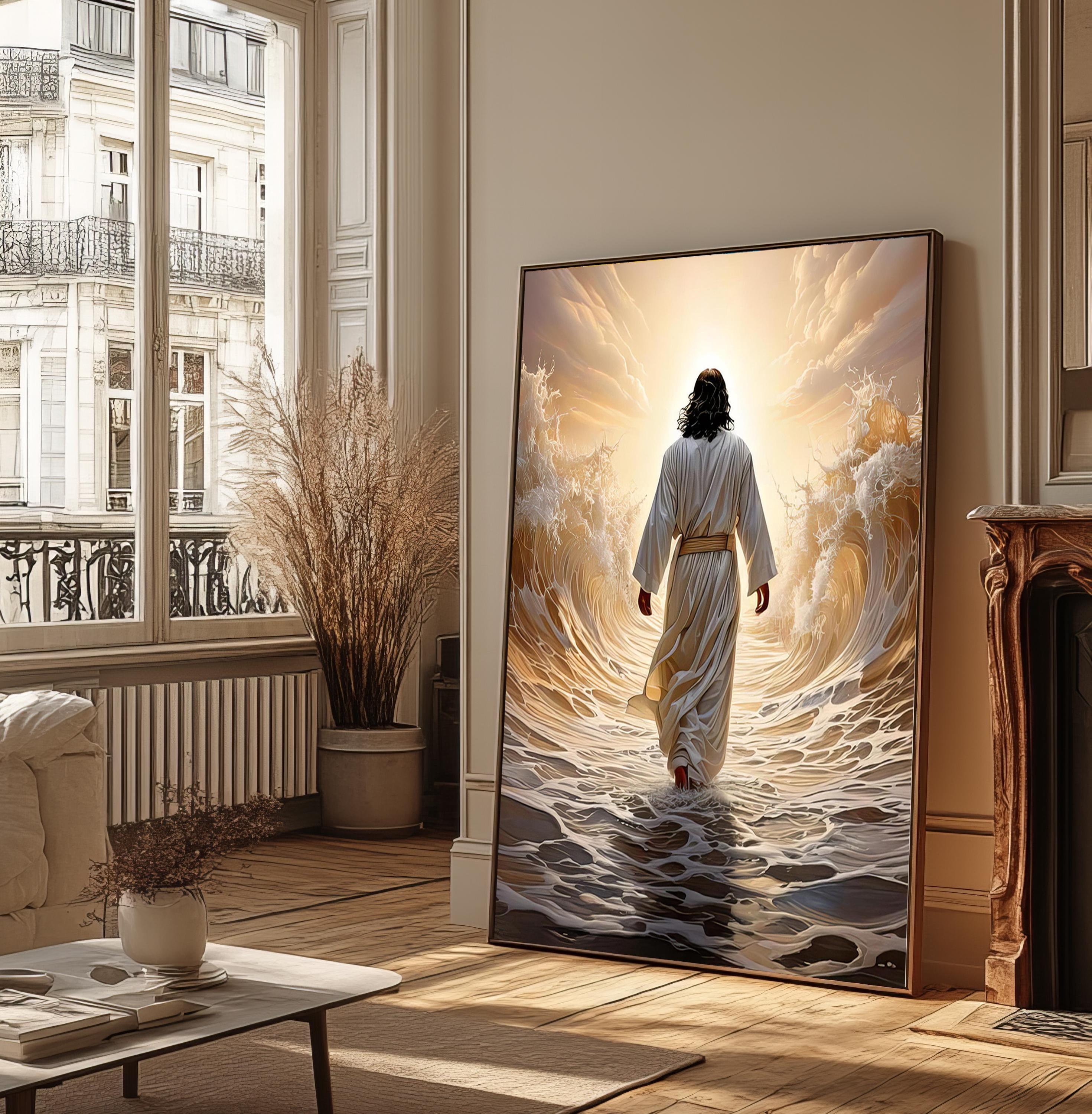 Jesus Walking on Water Canvas, Spiritual Wall Decor, Divine Light Modern Canvas Art, Ready to Hang Artwork, Christian Gift Canvas