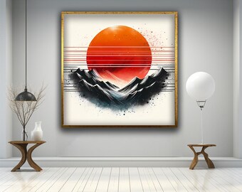 Red Mountain Lines Canvas Print Art, Mountains and Sun
