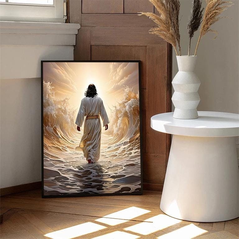 Jesus Walking on Water Canvas, Spiritual Wall Decor, Divine Light Modern Canvas Art, Ready to Hang Artwork, Christian Gift Canvas
