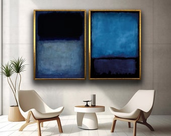 Mark Rothko Canvas Set of 2, Blue Mix Color Art Reproduction, Blue Mark Rothko Reproduction, Abstract Canvas Wall Art, Modern Minimal Art