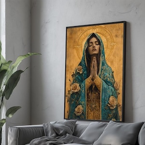 Virgin Mary Canvas Wall Art – Holy Madonna Icon with Halo and Roses Art, Catholic Religious Canvas Print, Christian Religious Home Decor