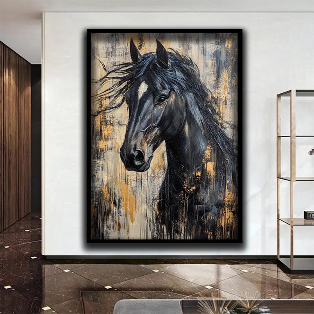 Black Horse Canvas Art – Majestic Stallion Canvas Gift – Gold Abstract ...