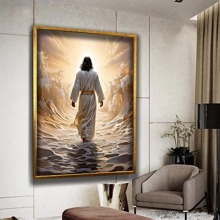 Jesus Walking on Water Canvas, Spiritual Wall Decor, Divine Light Modern Canvas Art, Ready to Hang Artwork, Christian Gift Canvas