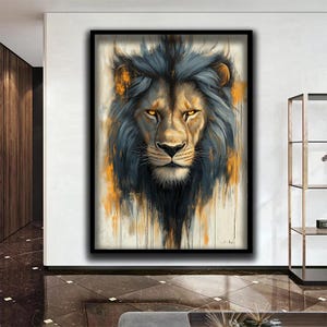 Impression abstraite sur toile de lion - art animalier sauvage moderne - décoration murale lion doré et noir - oeuvre d&#39;art royal du roi de la jungle - pièce audacieuse