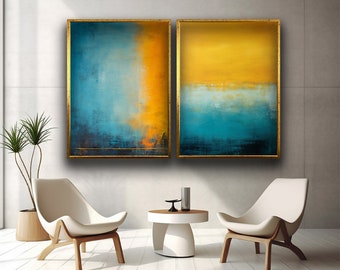 Mark Rothko Set of 2 Blue-Yellow Mixed Color Art, Mark Rothko Abstract Canvas Wall Art, Modern Minimal Art, Ready to Hang Wall Decor