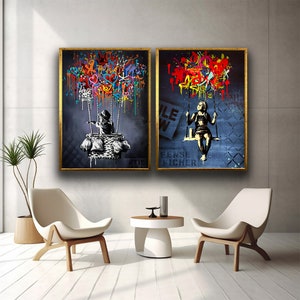 Banksy Ballon Leinwanddruck Kunst, Banksy Mädchen Leinwandkunst, Graffiti Art Set Leinwand, Farbige Leinwandmalerei, Kinderzimmer Dekor, Leinwand 2er-Set