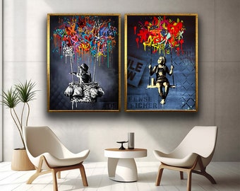 Banksy Balloon canvas print art, Banksy Girl Canvas Art, Graffiti Art Set Canvas, Colored Canvas Painting, Kids Room Decor, Canvas Set of 2