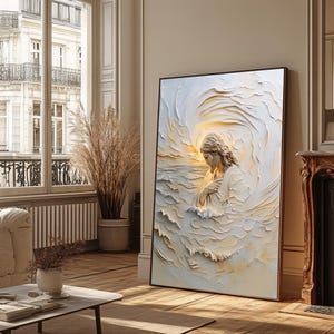 Jesus Leinwand Kunst - Skulpturale spirituelle Wanddekoration | Minimalistisches christliches Kunstwerk mit goldenem Heiligenschein, Jesus, fertig zum Aufhängen