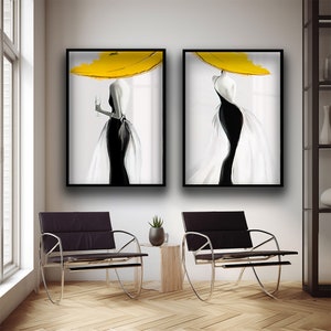 Mujer elegante con vestido blanco y negro y sombrero amarillo llamativo, conjunto de impresiones artísticas de moda moderna, estilo minimalista, impresiones en lienzo para decoración del hogar
