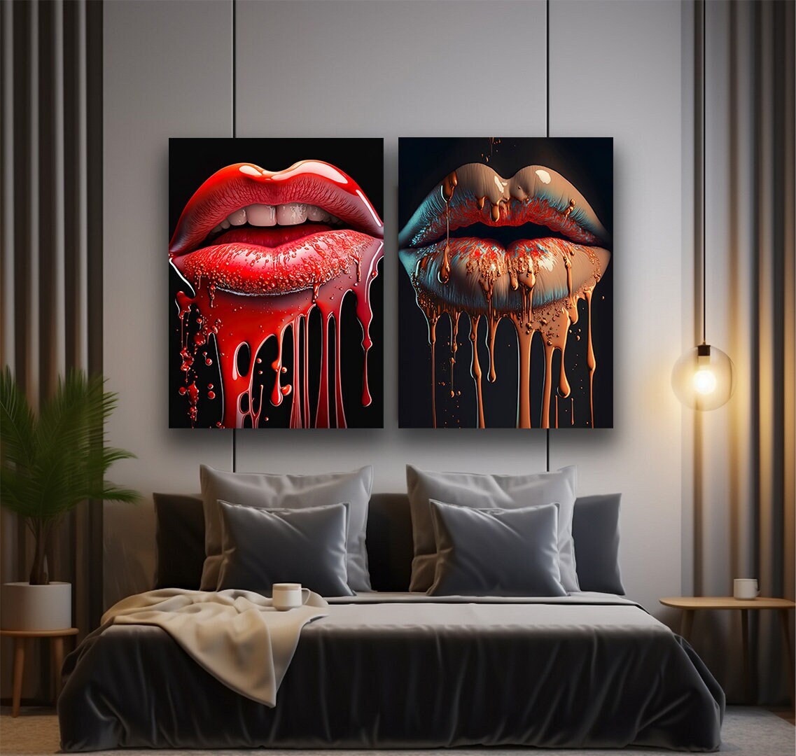 Lips canvas painting set, Red Lip canvas painting, Golden Lip canvas painting bedroom decoration, Colorful Lips canvas print wall decor
