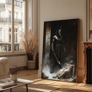 Anubis Canvas, Mythological Egyptian God of the Afterlife Canvas Print, Dark and Mystical Wall Decor with Mummy and Hieroglyphic Background