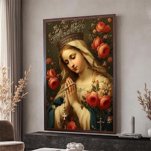 Virgin Mary with Rosary and Crown Canvas Print – Catholic Holy Canvas Art with Roses – Elegant Holy Mother Wall Decor for Worship Space