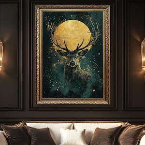 Golden Moon Deer Canvas Wall Art – Mystical Deer Canvas Print for Nature Lovers – Elegant Forest Animal Decor for Living Room or Office