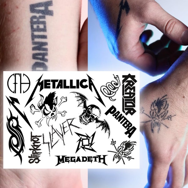 2 pc - Jagua Tattoos Temporary Metal Bands, Stencils Metallica Merch Tattoos, Slayer, Megadeth Stickers Fake Tattoos Long Lasting 1-2 Weeks