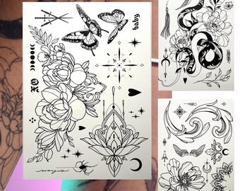 Jagua Temporary Tattoo - 3 Sheets of Semi-Permanent Flash Tattoo | Snake & Peony Tattoo Adult Art Design Temporary Tattoos, Lasts 1-2 Weeks