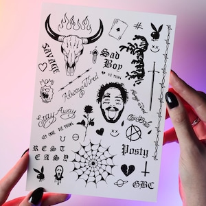 Post Malone - Tatuaje temporal / Tatuaje temporal de rostro de larga duración / Mercancía de Posty / Tatuaje de chico triste / Pegatinas de Post Malone Tatuajes falsos