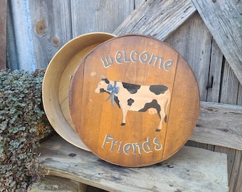 Handpainted cow on a primitive style cheese box with lid- extra large cheese box- 15 inches diameter- Primitive farmhouse decor- rustic