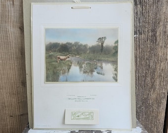 Over 100 years old! 1919 antique advertisement calendar- farm/cow scene- primitive & farmhouse decor or wall hanging