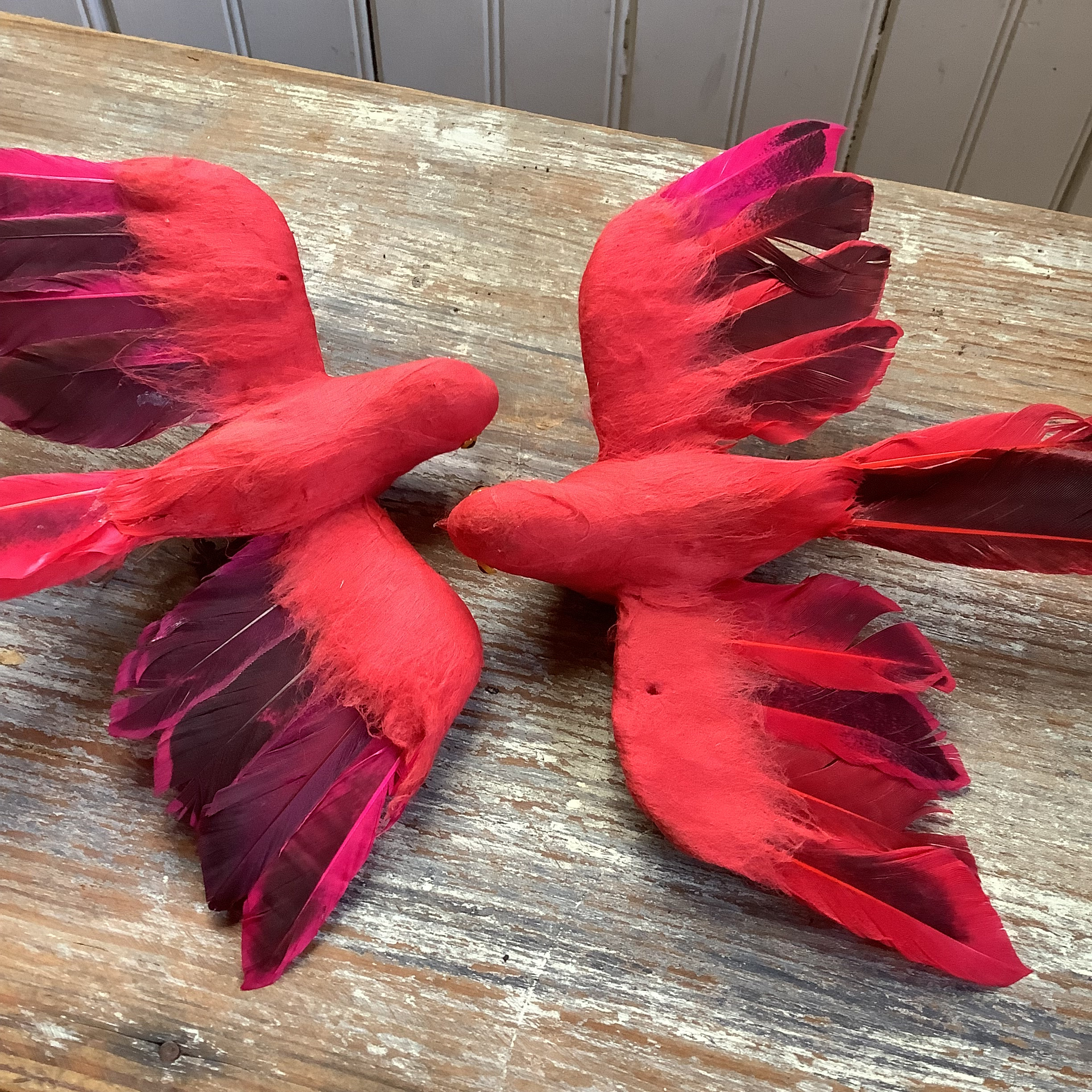 Set of 2 vintage (1990s) handmade red birds made with real bird feathers-garden/houseplant decor with 7 in. Wing span