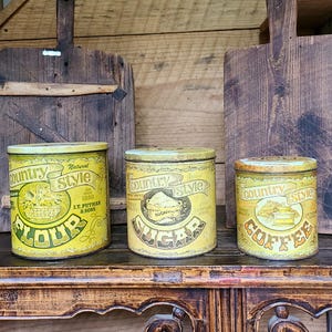 Set of 3! Vintage (1908s-90s) tin canisters with lids- flour, sugar & tea (Loscalzo-Michaelson) Primitive/farmhouse kitchen decor