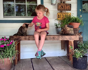 Almost 4 ft. long! Extra thick and heavy! Primitive handmade bench- made with a 100 year old reclaimed barn-wood floor beam- 20 inches High