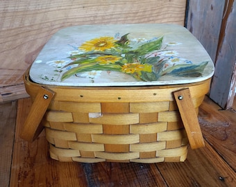 Cesta de picnic vintage BASKETVILLE (años 70), de estilo primitivo/campestre, tejida y pintada a mano, tamaño mediano/grande, para decoración: ¡única en su tipo, súper linda!