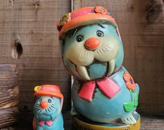 RARE! Vintage (1950s-60s) Winnie Walrus Chalkware Piggy Bank Set- LEGO Japan- Mid Century Walrus Figurines | Retro-Carnival Decor- unique!