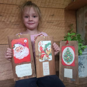 Set of 3- handmade with vintage (1960s) Christmas cards- wall decor- Super cute old world Santa and Christmas tree- vintage Christmas decor