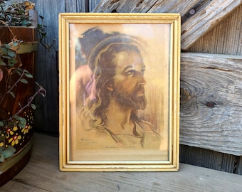 A vintage (1935) 8x6  framed "The Lord Jesus" picture- wooden frame- "I am the way the truth and the light"- Messenger CO. USA print