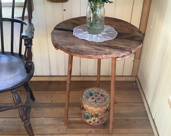 Handmade reclaimed circle wood table- made with reclaimed wood from a 1920s farmhouse- light-weight primitive style end table or plant stand