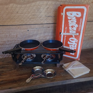 A vintage (made in Germany) portable camping stove- never used- original box-  vintage Grasoli &quot;Brutzel-Öfchen&quot; mini fondue burner w/ pans