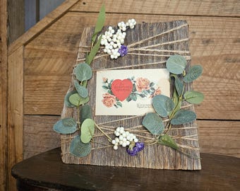 Handmade "primitive" style wooden picture frame- w/ antique Valentine's day post card- made with 1920s barnwood- Valentine's day gift