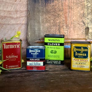 Set of 4! Vintage spice cans- tin/metal spice containers- Watkins; Royal Blue; A Schilling & Co. primitive/farmhouse kitchen decor