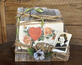 Handmade "primitive" style wooden picture frame- w/ antique Valentine's day post card- made with 1920s barnwood- Valentine's day gift