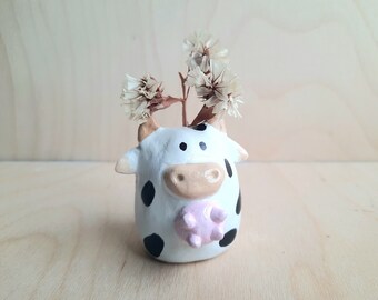 Cow Vase Desk Companion, Cute Office Decor, Ceramic Little Cow, Kitty, Home Decor, Totoro Gift, Valentines Gift, Quirky, Kawaii Hippy