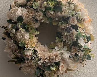 Türkranz XXL 60cm, Seidenblumen in weiß und beige, Kunstblumen, Wreath, Blumenkranz, Zweige