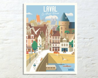 Affiche/poster ville de Laval : le Pont Vieux ! Illustration vintage - Studio Creavisa