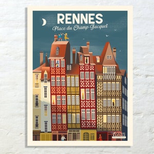 Pôster de Rennes: Place du Champ-Jacquet - 40x30 cm - Ilustração vintage do Studio Creavisa