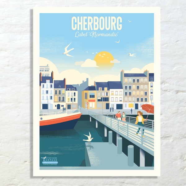 Affiche/poster ville de Cherbourg - Illustration vintage - Studio Creavisa