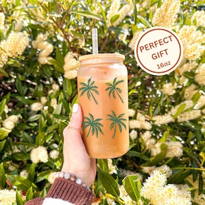 16oz Tropical Palm Trees - Coffee Cup Summer Vacation Beach Lovers Libbey Cup - Fun Gift Idea Tropical Party Gift Perfect for Summer Parties