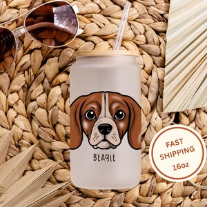 Beagle Dog Frosted Glass Cup, Personalized Pet Gift, Libbey Glass, Custom Animal Lover Iced Coffee Cup, Coffee Lovers Glass Cup with Beagle