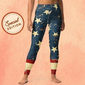 4th of July Yoga Leggings | Vintage USA Flag High Waist Pants | Patriotic Stars & Stripes Workout Leggings Independence Day | Red White Blue