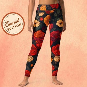 May include: Black leggings with a floral print featuring red, orange, and yellow roses. The leggings have a high waist and are made of a stretchy, comfortable fabric.