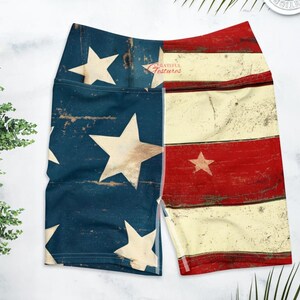4th of July Flag Yoga Shorts | Vintage Distressed Stars Stripes Workout Shorts | Patriotic Biker Shorts | Independence Day | Red White Blue