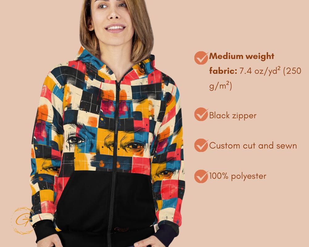 Retro Checkered Zip Hoodie All-over Print, Vintage Checkered