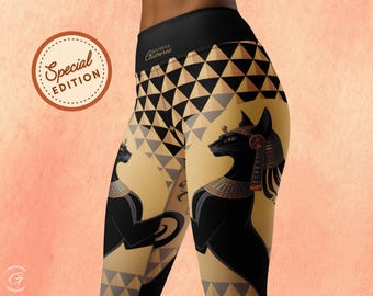 Leggings da yoga con gatto Bastet • Stampa oro egiziano, vita alta