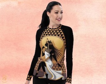Abbigliamento sportivo ispirato alla mitologia egizia - Maglia a maniche lunghe con stampa della dea Bastet per donna - Protezione solare UPF 50+